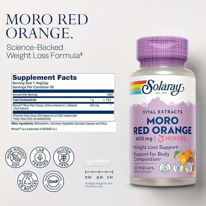 SOLARAY Moro Red Orange - Morosil Weight Loss Supplement for Women and Men - Clinically Studied Blood Orange Extract - Body Composition, Weight Loss Support, Gluten Free, 60-Day Guarantee, 30 VegCaps