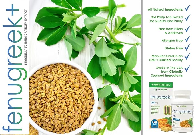 VH Nutrition Fenugreek+ | 1400mg Extra Strength Fenugreek Capsules | Hormonal Balance and Energy Support Supplement for Men & Women | 60 Gluten-Free Capsules