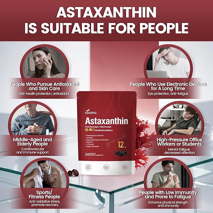 Astaxanthin 12mg, 480 Softgels, Fresh Haematococcus Pluvialis 10 in 1 Astaxanthin Antioxidant Supplements, Contains Lycopene, Grape Seed, Vitamin E, & More Supports Eye, Joints, Skin Health, 2 Bag
