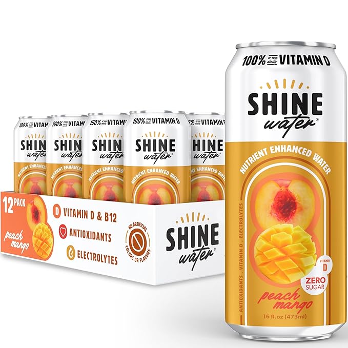 ShineWater Vitamin D Hydration Electrolyte Drink - Flavored water with electrolytes, Sugar-Free, Magnesium, Zinc, Vitamin B12, Plant-Based, Low Calorie - Peach Mango Fruit Water 12 Pack