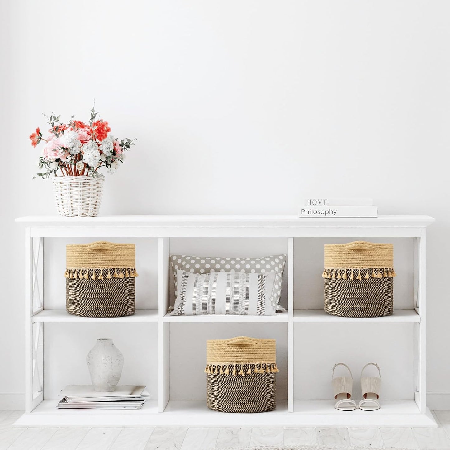 danpinera Pack of 3 Storage Baskets, 11"x11" Round Woven Baskets, Cotton Rope Basket for Storage Pillows, Towels, Toy, Clothes, Magazines, Black & Brown