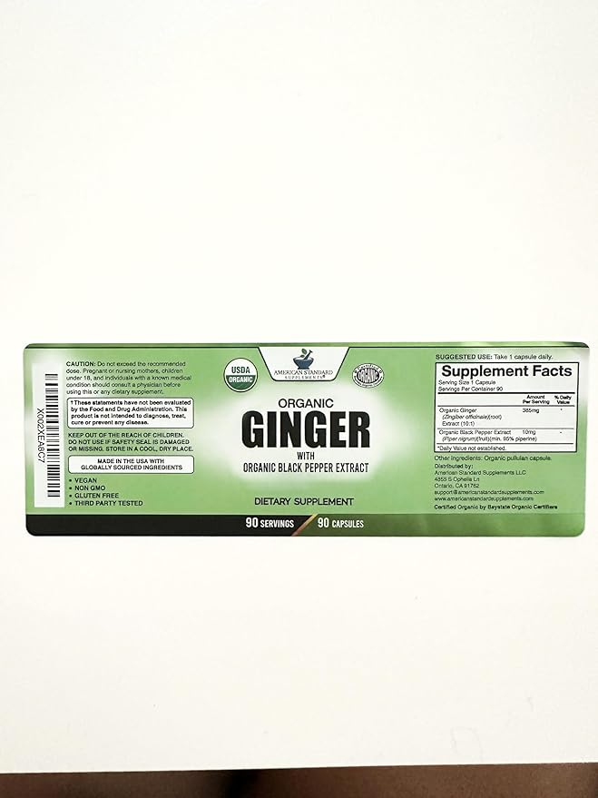 American Standard Supplements Organic Ginger Extract with Organic Black Pepper Extract, Vegan, Gluten Free, Non-GMO, 90 Capsules, 90 Servings