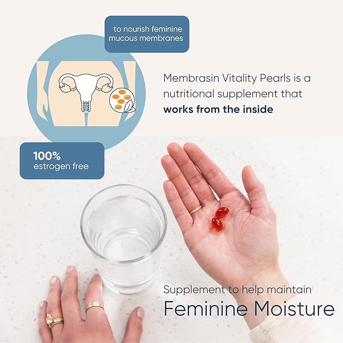 Membrasin Vaginal Moisture Support Vitality Pearls, Menopause Supplement for Vaginal Dryness & Itch, Estrogen-Free Supplement, 100% Natural Formula, Made with Sea Buckthorn Oil, 30 Oral Softgels