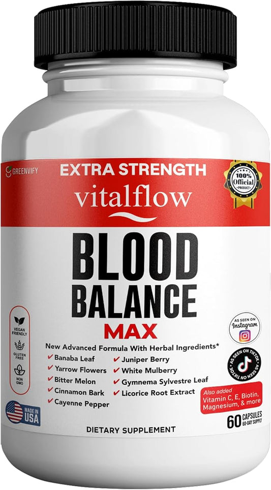 VitalFlow Blood Balance Max | Advanced Herbal Formula with Banaba Leaf, Juniper Berry, Bitter Melon & More | Vegan, Gluten-Free, Non-GMO | 60 Capsules, 60-Day Supply | Made in USA (1)