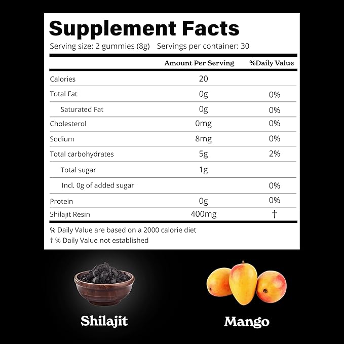 Pure Himalayan Shilajit Gummies with Shilajit |High Potency Gold Grade| 60 Gummies for Energy Boost & Immune Support, 75 Percent + Fulvic Acid| Travel Friendly Mango Flavor