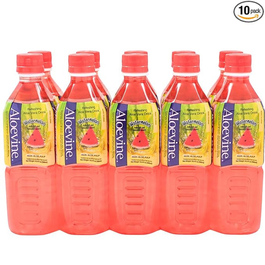 ALOEVINE Aloe Vera Juice drink Watermelon pure with chunks of aloe | 16.9 Oz 10 pack | plant based Vegetable Korean drinks
