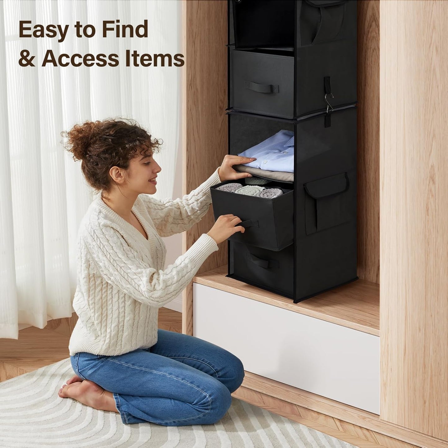 Pipishell 6-Shelf Hanging Closet Organizer, Hanging Shelves with 2 Separable 3-Tier Shelves, Closet Shelves Organizer with 3 Removable Drawers for Wardrobe, Nursery, Baby Clothes, Black