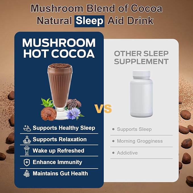 Bunkell Mushroom Hot Cocoa, Adaptogenic Mushroom with Reishi, L-Theanine, Chicory, Melatonin & Glycine, Melatonin, Sleep Hot Cocoa Supplement for Sleep and Stress Support, 25 Servings 1 Pack