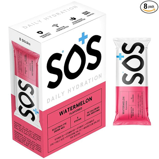 SOS Hydration Electrolyte Powder Packets, Watermelon Flavor, 8 Stick Packs – Low-Calorie, Rapid Rehydration, Made in USA, Keto & Vegan Friendly