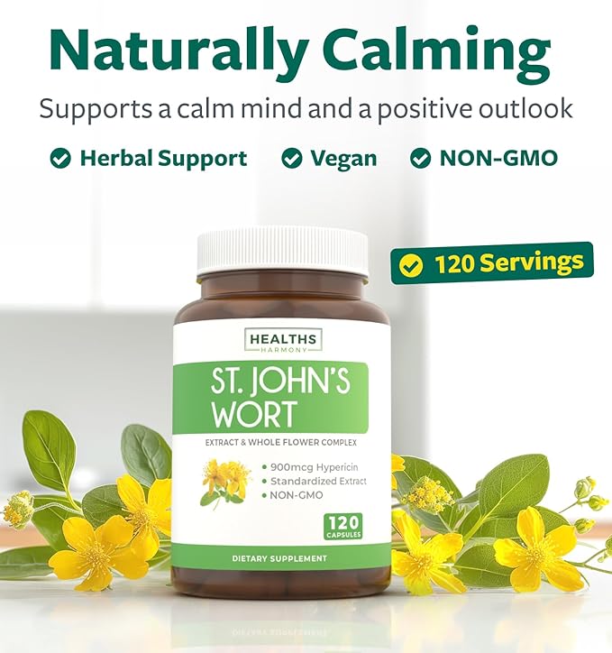 St John's Wort Capsules - Powerful & Potent Saint John's Wort Extract & Whole Herb Complex Standardized to 900mcg Hypericin for Balancing Daily Mood Support - Vegan Non-GMO & Lab Verified (120 Caps)