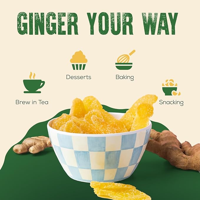 Crystallized Ginger Slices | Candied Ginger Pieces for Snacking, Baking or Cooking | Kosher Certified | Great for Nausea, Digestive Problems & More | Resealable Bag - 12 Oz | The Snackery