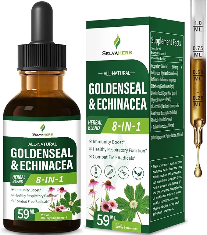 Goldenseal & Echinacea Drops for Immunity Boost, Healthy Respiratory Function, Herbal Supplements with Elderberry Licorice Root Thyme Chamomile Extract. 2oz