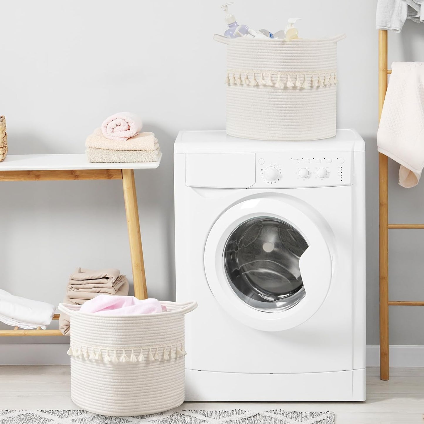 danpinera 3 Pack White Storage Baskets, 11"x11" Soft Woven Baskets for Storage and Decor in Bedroom, Nursery, Closet, Small Round Rope Baskets for Shelves, Decorative Storage Basket