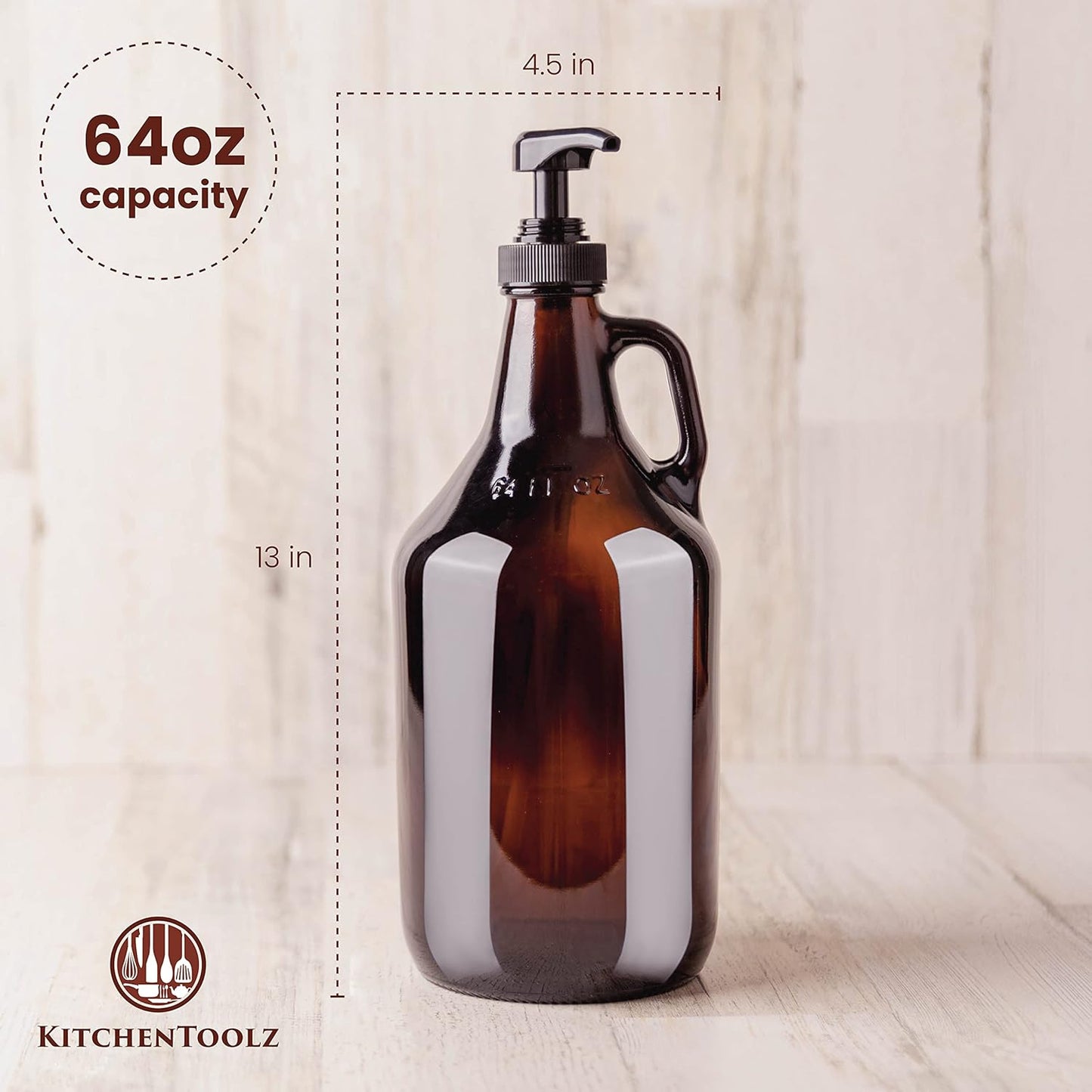 Large Amber Pump Bottle for Salons, Shampoo, Conditioner, Hair Serum, Gel - Half Gallon Glass Jug Pump Dispenser - 64 oz Capacity - Pack of 1- by Kitchentoolz
