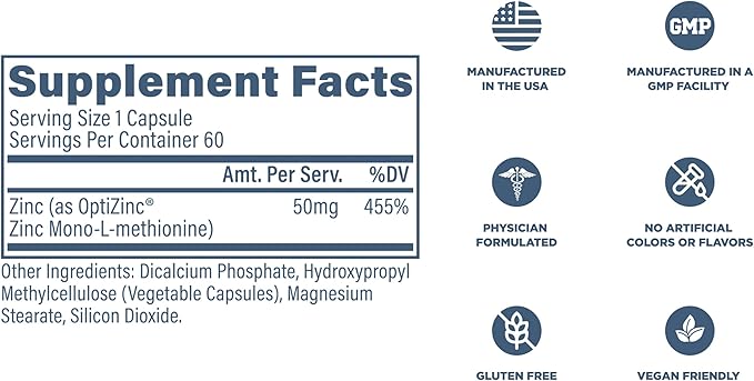 Revive MD Zinc Mineral Supplement for Men & Women - Supports Immunity & Cellular Health with 50mg OptiZinc - Antioxidant & Immune Support - 60 Capsules