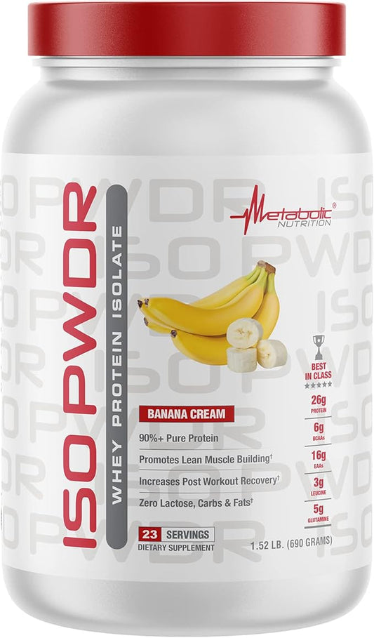 Metabolic Nutrition Whey Protein Isolate ISO PWDR Banana Cream, 1.54lb, 23 Servings, 26g Protein, Fast Digesting, Zero Carbs, Delicious Flavor, Very Low Carbs & Fat, Zero Lactose