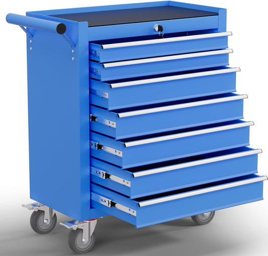 7-Drawer Tool Chest,Rolling Tool Cart with Wheels,High Capacity Tool Cabinet with Locking System for Garage, Warehouse, Workshop-Blue