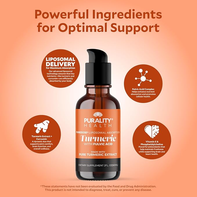 Liquid Turmeric Supplement, Fulvic Acid, Support Joint Health, Liposomal Enhanced Absorption, Vegan, Month Supply