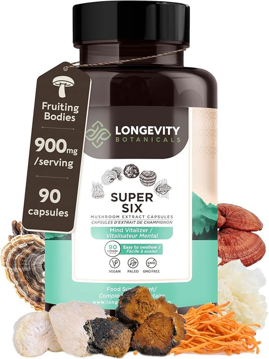 Longevity Botanicals Super Six Organic Mushroom Blend Capsules (90) | Reishi, Lion’s Mane, Chaga, Cordyceps, Tremella, Turkey Tail | Concentrated 10:1 Extract | 100% Fruiting Bodies | Mushroom Complex