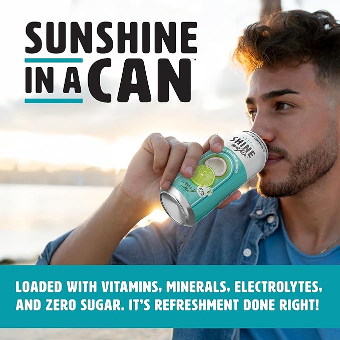 ShineWater Vitamin D Hydration Electrolyte Drink - Flavored water with electrolytes, Sugar-Free, Magnesium, Zinc, Vitamin B12, Folic Acid, Plant-Based, Low Calorie - Coconut Lime Fruit Water 12 Pack
