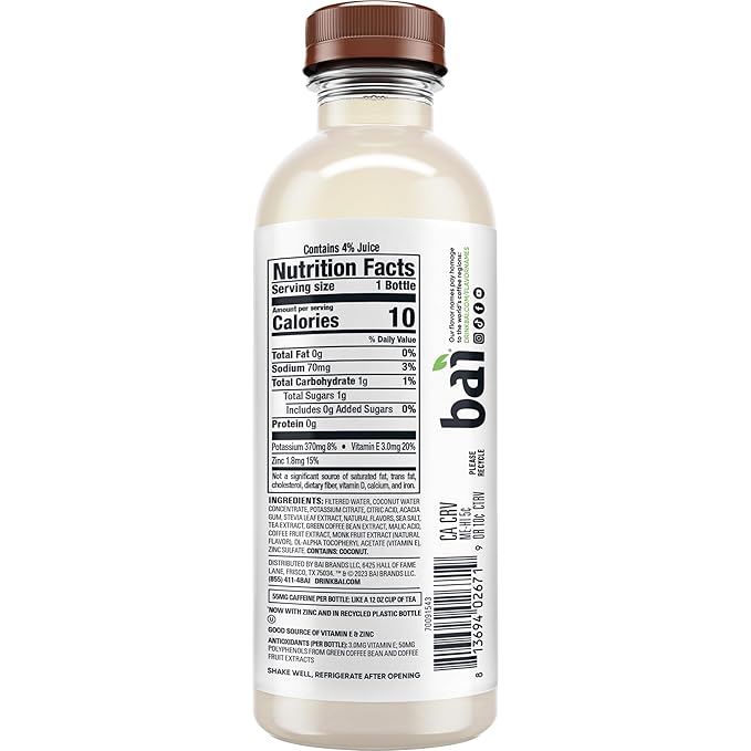 Bai Antioxidant Infused Water Beverage, Molokai Coconut, with Vitamin C and No Artificial Sweeteners, 18 Fluid Ounce Bottle, 6 Pack