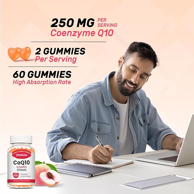 CoQ10 Gummies, 5X Better Absorption Coenzyme Q10 for Cellular Energy and Antioxidant Support, 60 Peach Gummies