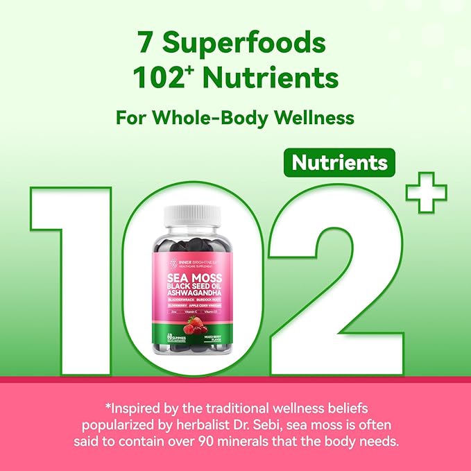 Sea Moss 4000mg Gummies with Ashwagandha, Elderberry, Apple Cider Vinegar, Bladderwrack, Burdock Root – Immune Support – Mixed Berry Flavor – 60 Count