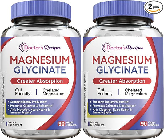 Doctor's Recipes Magnesium Glycinate Supplement, Non Buffered & High Absorption Magnesium, Easy on Stomach, Support Calm, Bone, Heart, Energy, Nerve, 180 Capsules (Pack of 2), 6 Month Supply