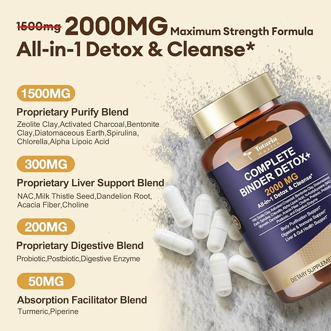 2000MG All-in-1 Detox Binder, Activated Charcoal, Zeolite, Bentonite Clay, Alpha Lipoic Acid, 7-Layer Detox & Cleanse Supplement, Liver & Gut Support, 120 Counts