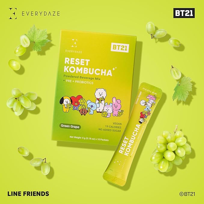 Everydaze BT21 Reset Kombucha Tea Powdered Beverage Mix | 10 Sticks | Prebiotics + Probiotics | Vegan | No Added Sugar, Gluten Free, Sparkling Powder Drink Pack (Green Grape)