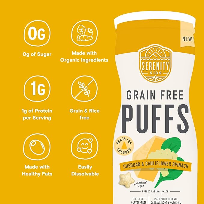 Serenity Kids 6+ Months Grain Free Puffs Toddler & Baby Snack | No Added Sugar, Gluten & Rice Free, Allergen Free | Made with Organic Cassava, Veggies, & Herbs | White Cheddar & Cauliflower | 1 Count