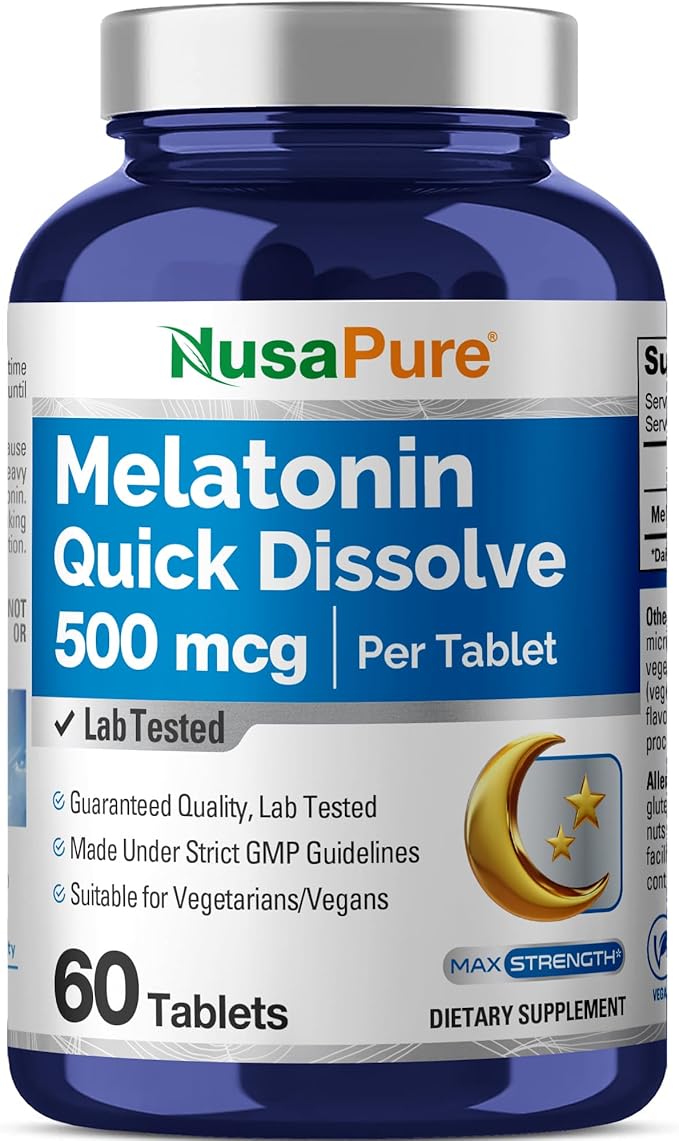 NusaPure Melatonin Quick Dissolve 500 mcg Per 60 Tablets Dietary Supplement Vegan, Non-GMO