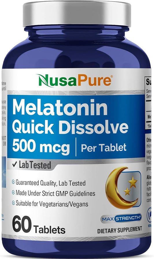 NusaPure Melatonin Quick Dissolve 500 mcg Per 60 Tablets Dietary Supplement Vegan, Non-GMO