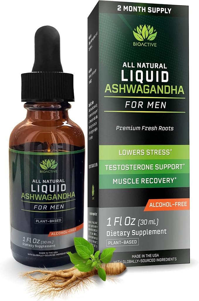 BIOACTIVE Liquid Ashwagandha Drops - Testosterone Health Supplement* - Adaptogen for Stress Support, Men’s Wellness - Organic, Herbal, Gluten Free, Non-GMO, 59 Servings (1 Oz, Unflavored)