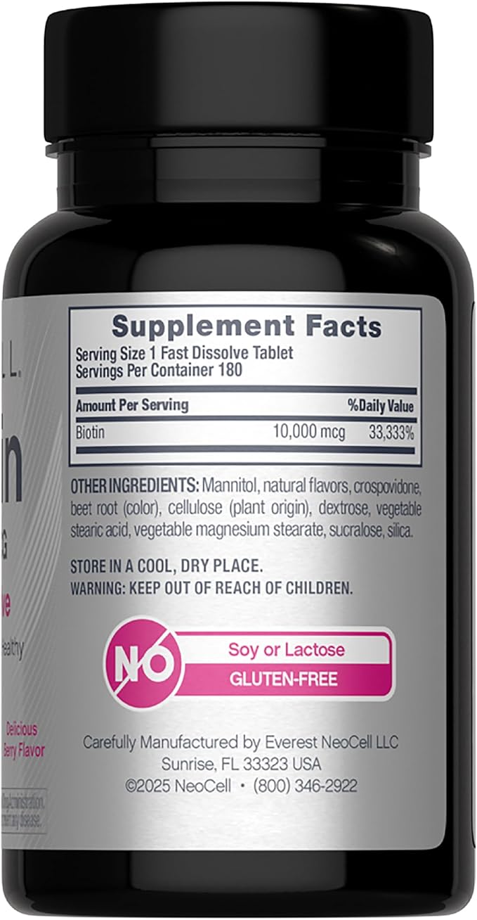 NeoCell Biotin 10000mcg Fast Dissolve Tablets | 180 Count | for Women and Men | Berry Flavor Supplement | Hair, Skin, and Nails