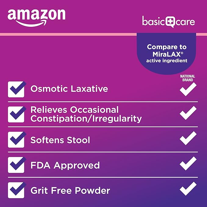 Amazon Basic Care ClearLax, Polyethylene Glycol 3350 Powder for Solution, Osmotic Laxative, Unflavored, 1.11 pound (Pack of 1)
