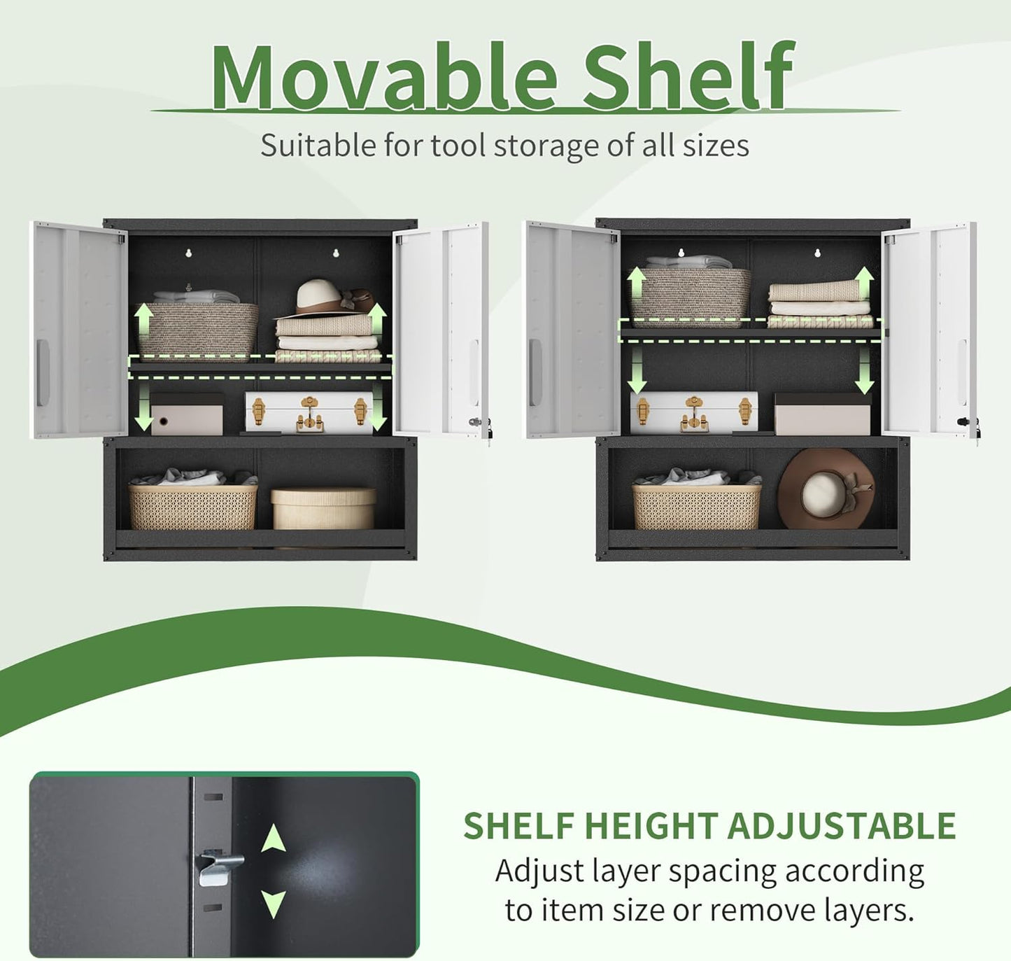 Metal Wall Cabinet, Garage Wall Cabinet with Adjustable Shelf for Garage, Tool Room, Kitchen, Assembly Required(Black and Gray)