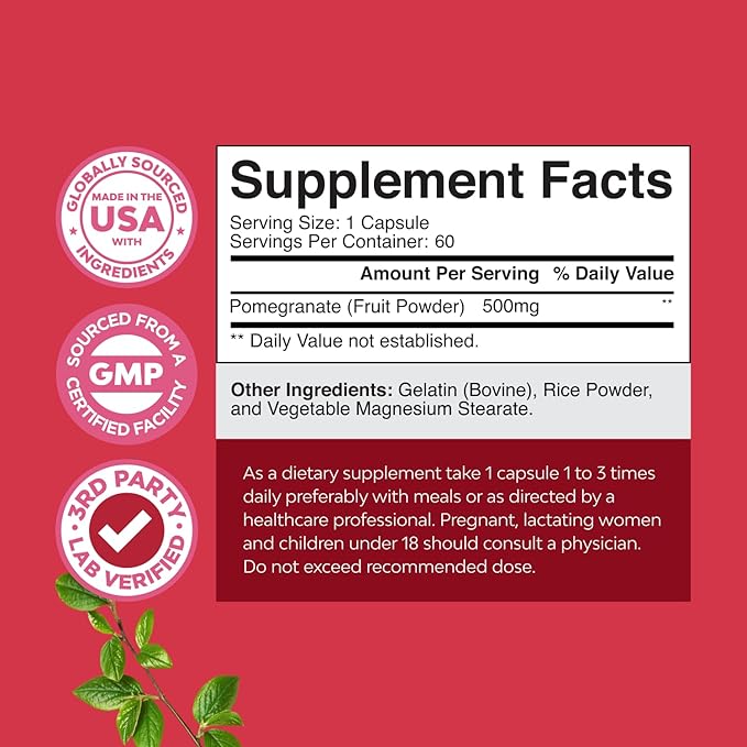 Pomegranate Extract Capsules Antioxidant Supplement - Natural Pomegranate Capsules for Heart Health Joint Support and Pre Workout for Men and Women - Nitric Oxide Supplement with Brain Health Vitamins