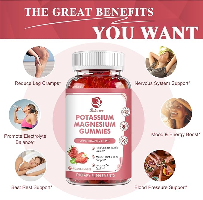 Magnesium Potassium Supplement Gummies - New Formula Calm Magnesium Glycinate Gummies & Potassium Citrate 200 mg Plus Omega 3, B6, D3, K2 & Calcium for Zzz, Leg Cramps & Muscle - 120 Count