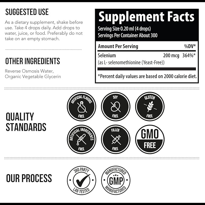 Selenium - 200 mcg, Selenomethionine Form, 300 Servings - Vegan, Glass Bottle, Yeast Free - Sublingual Liquid Concentrate - Antioxidant, Supports Immunity, Thyroid Health (2 oz.)