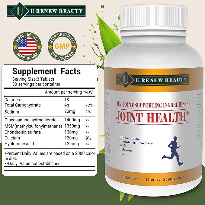 Glucosamine Chondroitin MSM and Hyaluronic Acid Supplements with Glucosamine Hydrochloride 1400mg&MSM 1350mg,Used for Cartilage & Joint Support&Flexibility,Non-GMO Ingredients,90 Tablets