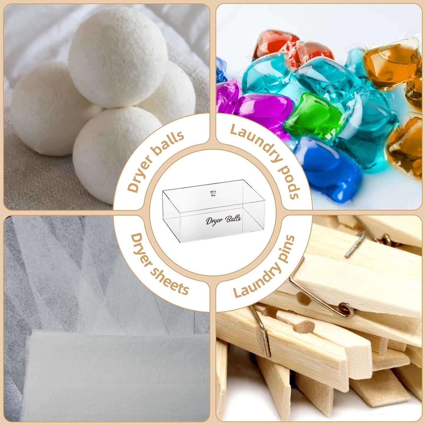 Dryer Ball Holder for Laundry Room ,Acrylic Dishwasher Pods Container with Lid,Dryer Balls Dispenser,Laundry Room Organization and storage Box for Laundry Pods,Clips,Dryer Balls and Sheets (No Balls)