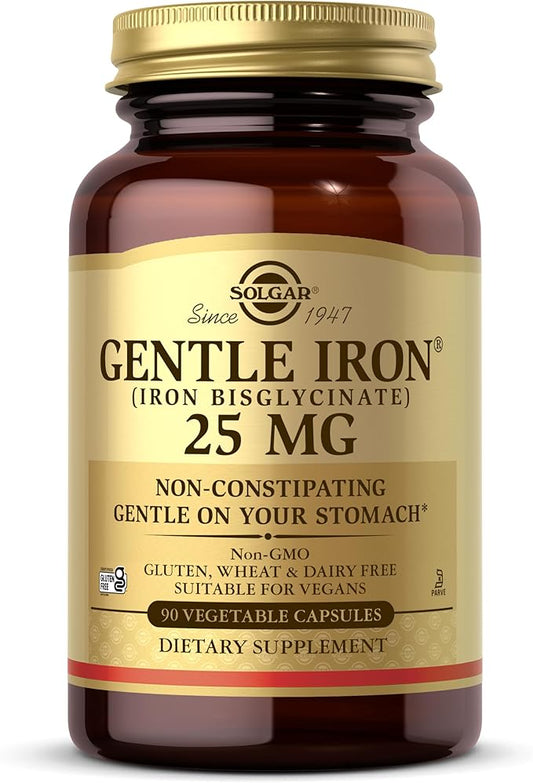 Solgar Gentle Iron 25mg, 90 Vegetable Capsules - Energy, Normal Red Blood Cell Production - Gentle on the Stomach - Non-GMO, Vegan, Gluten Free, Dairy Free, Kosher - 90 Servings