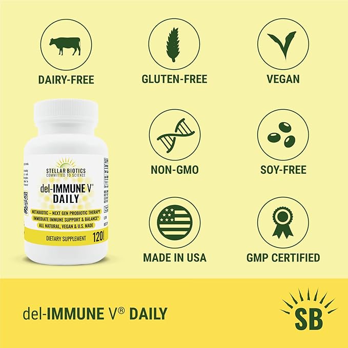 Del-Immune V® Daily by Stellar Biotics, All-Natural Immune Support & Gut Health, Immediate Care, Metabiotic: NextGen Probiotic Therapy (120 Caps)