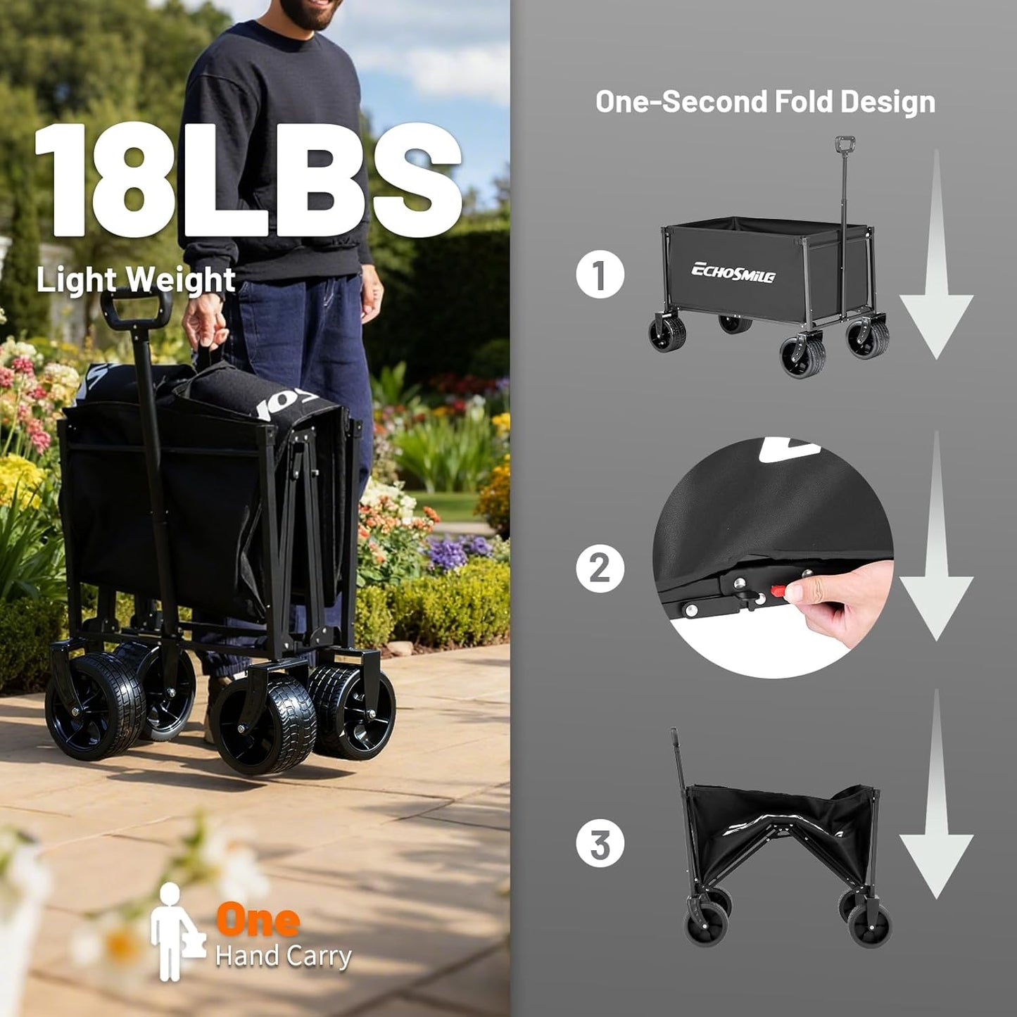 EchoSmile Collapsible Wagon Cart for Camping & Beach - Heavy Duty 400lbs Capacity All-Terrain Cart with Wide Wheels, Portable Folding Utility Wagon for Grocery, Garden, Sports,Black