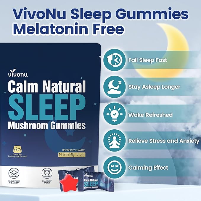 Sleep Gummies Melatonin Free with L-Theanine, Magnesium, Reishi Mushroom,Valerian Root, Passionflower | Non-Habit Forming Sleep Aid | Non-GMO Sleep Gummies for Adults | Raspberry Flavor (60pcs)