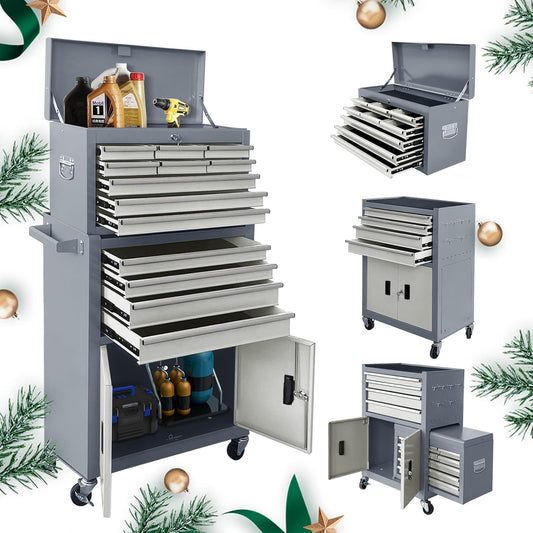 13-Drawer Rolling Tool Chest with Double Doors, 2 in 1 Detachable Rolling Tool Chest with Drawers, Mobile Tool Cabinet Combo, Metal Large Lockable Tool Box for Garage Workshop (Gray)