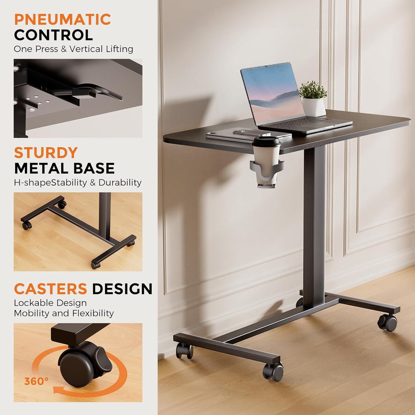 COMHOMA Adjustable Overbed Bedside Table with Lockable Wheels, Pneumatic Mobile Standing Laptop Desk, Small Standing Desk Portable Rolling Overbed Table Hospital Home Use(32" W x 18" D, Black)