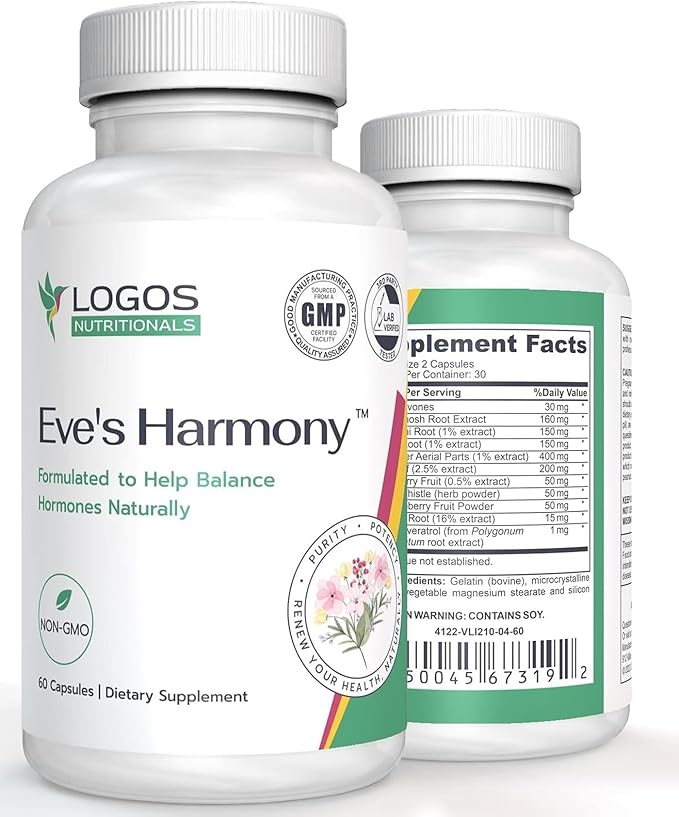 Eve's Harmony Menopause Supplement, Hormone Support for Women with Soy Isoflavones, Black Cohosh & Red Raspberry, Non-GMO Natural PMS & Menopausal Symptom Support, 60 Capsules