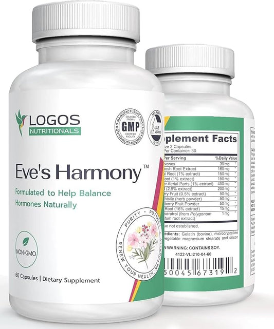 Eve's Harmony Menopause Supplement, Hormone Support for Women with Soy Isoflavones, Black Cohosh & Red Raspberry, Non-GMO Natural PMS & Menopausal Symptom Support, 60 Capsules